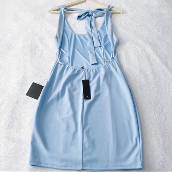 NWT Light Blue Tie Back Ponte Bodycon Mini Dress - Picture 7 of 9